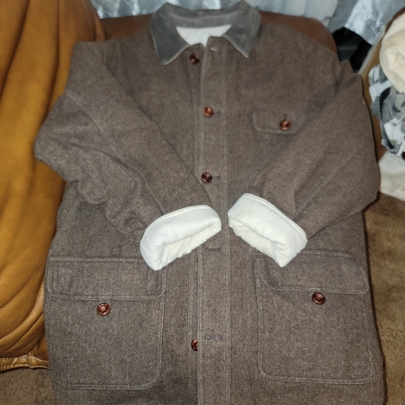 Express Brown/Cream Reversible Coat. Wool, Leather, Suede, Polyester, Warm, Cozy - Picture 1 of 8